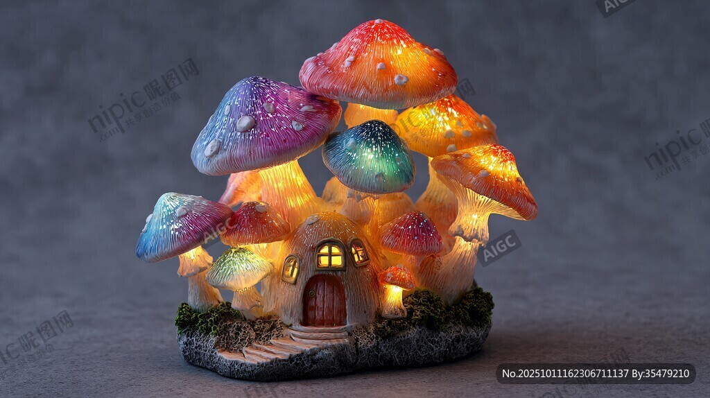 梦幻彩色蘑菇小屋摆件