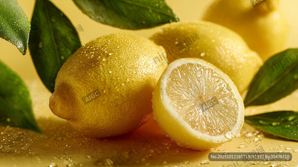 新鲜黄柠檬与翠绿叶片