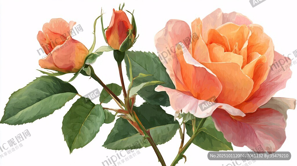 橙色玫瑰插画 清新优雅