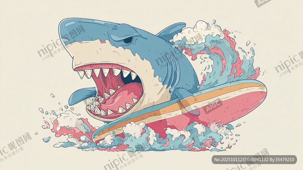 鲨鱼冲浪奇幻插画