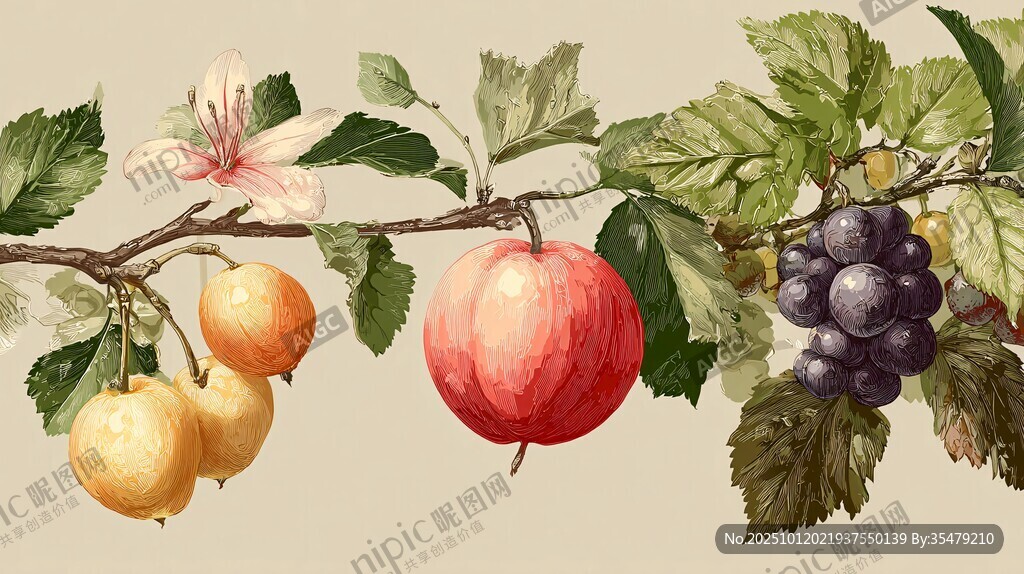 手绘枝头多彩水果组合