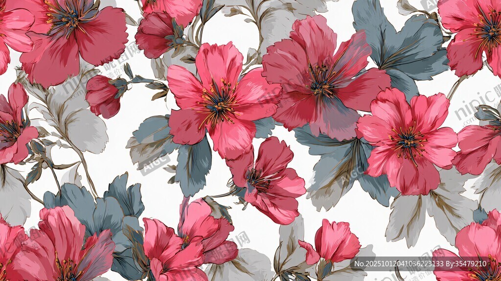 粉色花卉图案无缝背景图