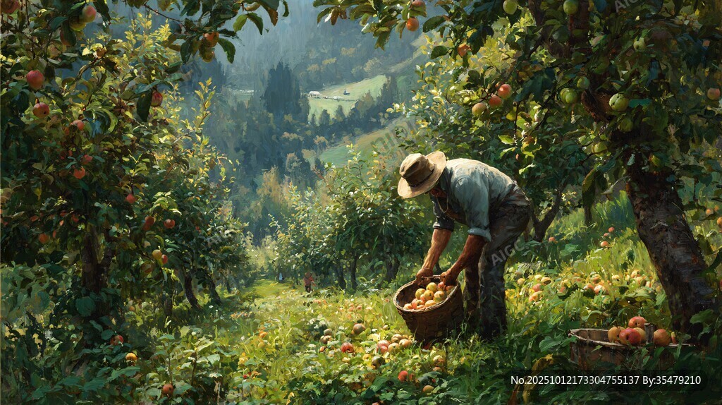 果园里的农夫采摘丰收果实