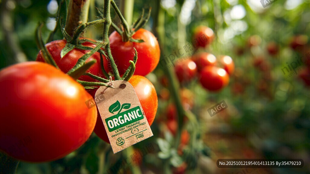 有机西红柿挂在繁茂植株上