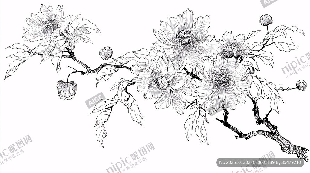 花卉线描图 花枝绽放之美