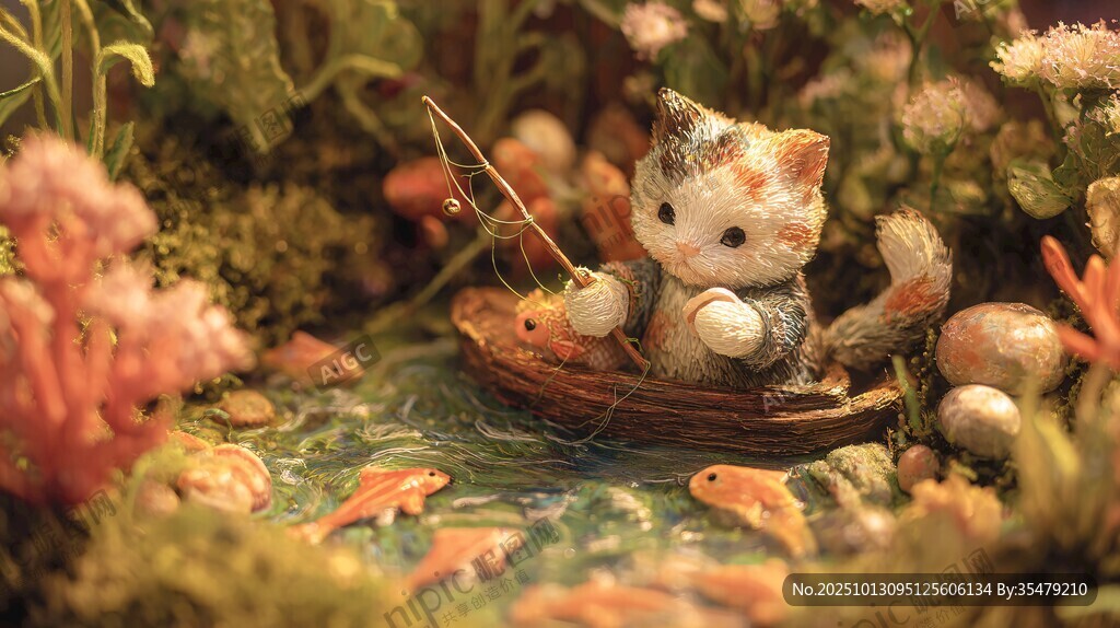 小猫乘船垂钓的微景观世界