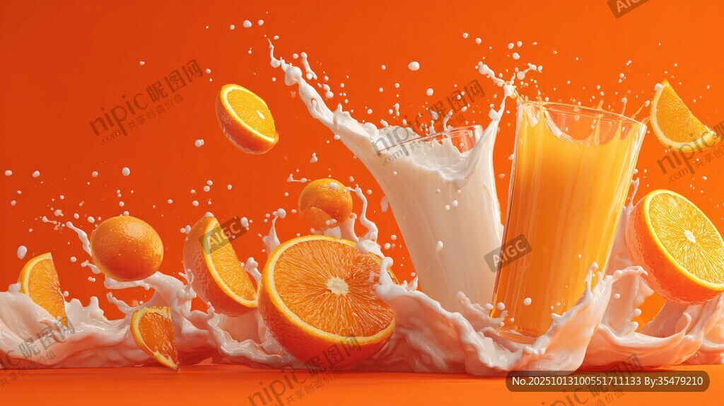 橙汁牛奶飞溅的活力瞬间