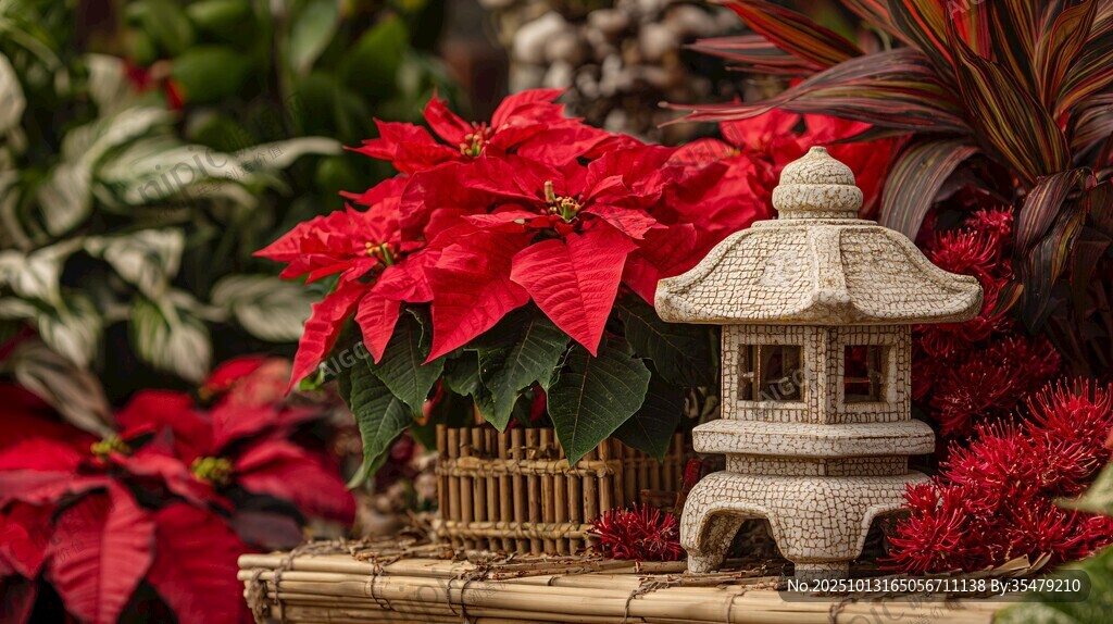 圣诞红与石灯笼装饰景观