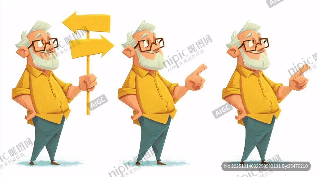 老人指路姿势多样插画