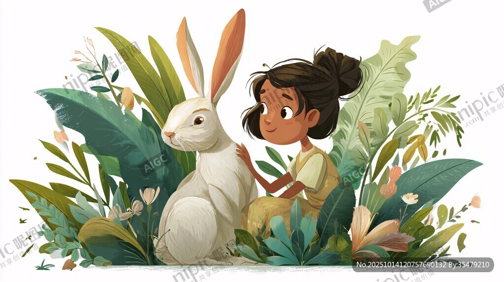 女孩与白兔的温馨自然场景