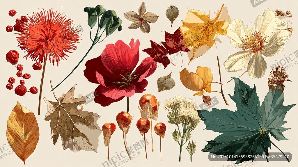 多彩花卉与叶片素材集合