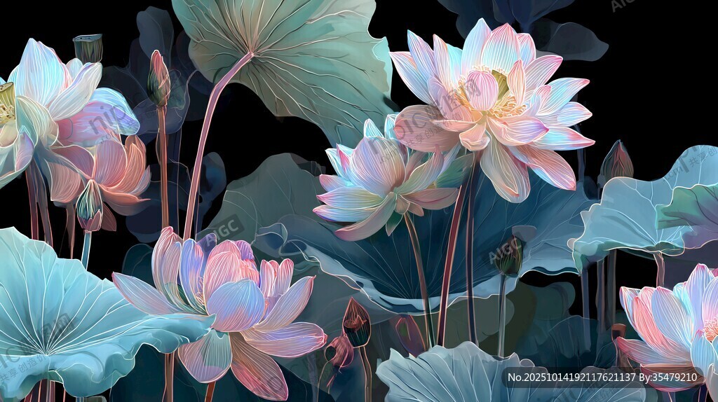 梦幻粉蓝荷花绽放图景