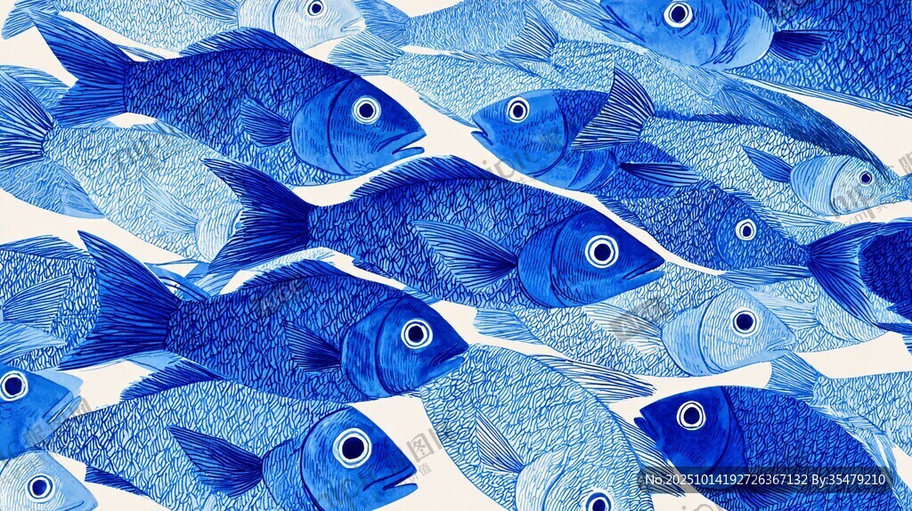 群游的蓝色鱼群图案