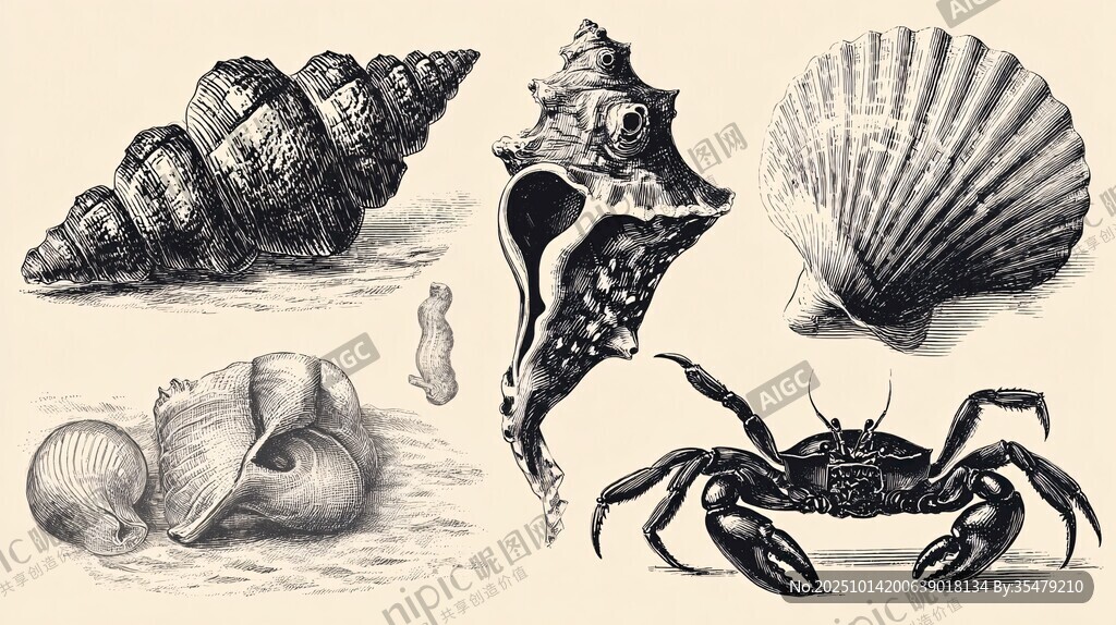 海洋生物贝壳与螃蟹素描