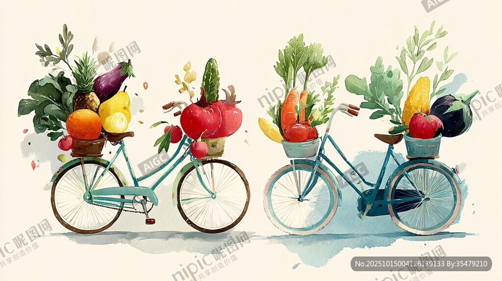 自行车载满新鲜蔬菜水果