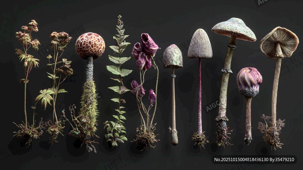 多样野生蘑菇与植物展示