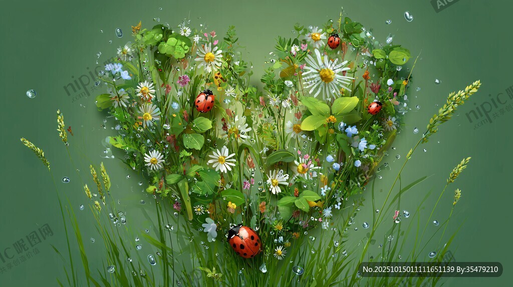 心形花草间的瓢虫浪漫图景