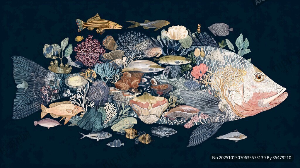梦幻海洋鱼群花卉共生图