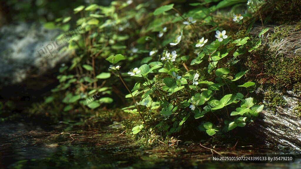 溪边绿意盎然的白色小花