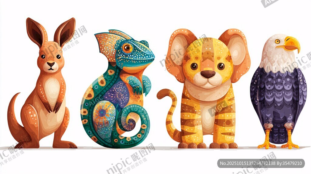 可爱多彩的四种动物形象