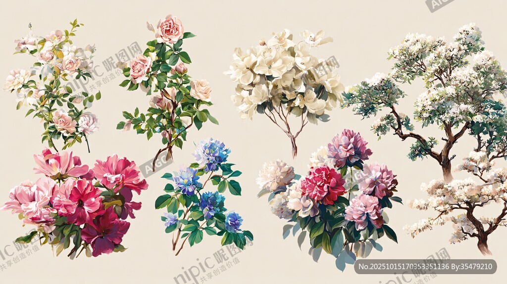 多样花卉植物插画集合