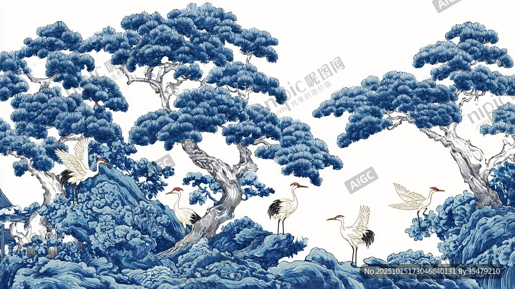 蓝白松鹤图