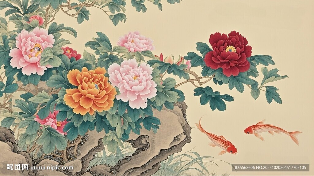 国画牡丹锦鲤图