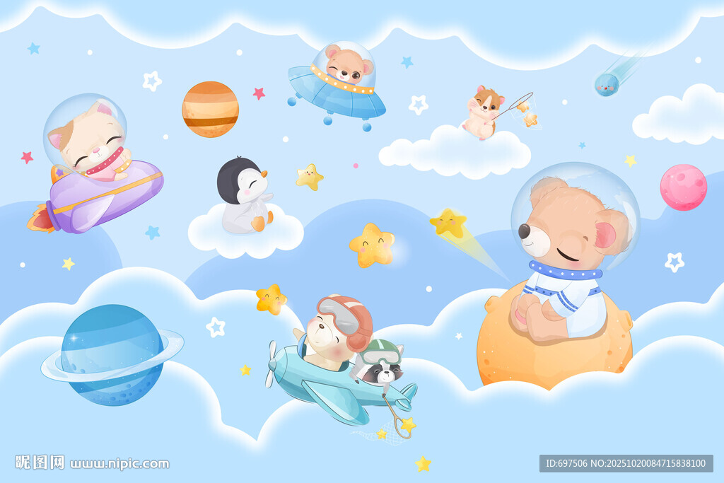 可爱动物宇航员卡通太空星球背景