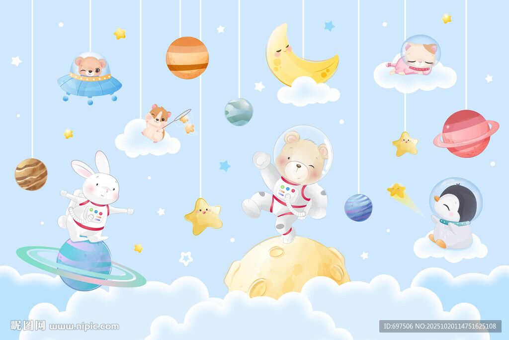 卡通太空星球可爱动物宇航员背景
