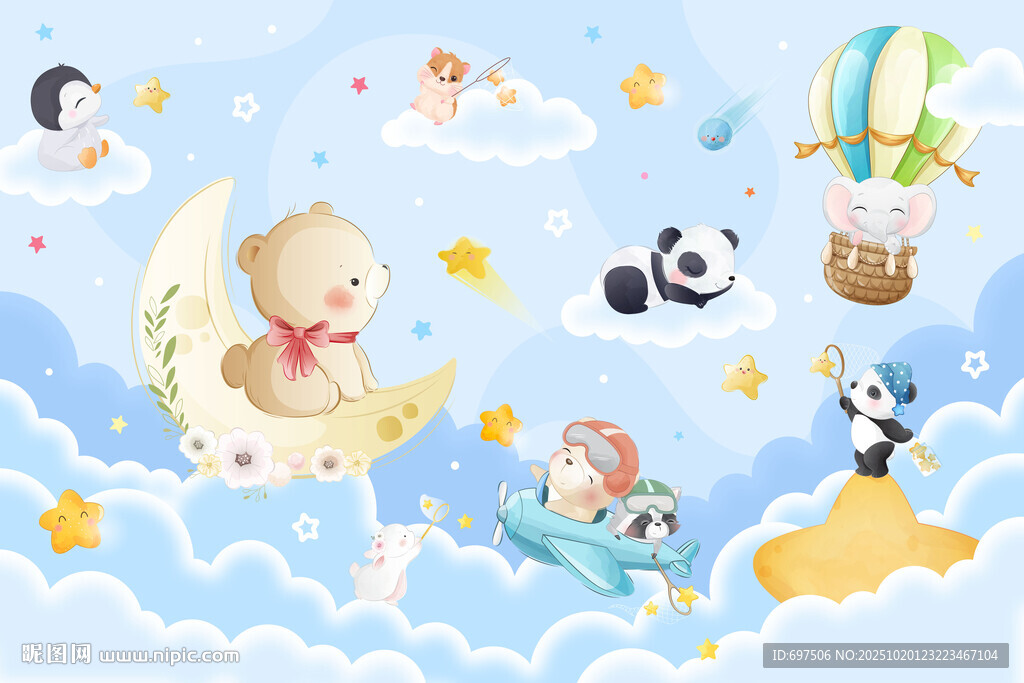 可爱动物卡通月亮星空儿童背景墙