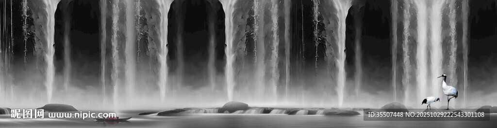 招财瀑布山水画