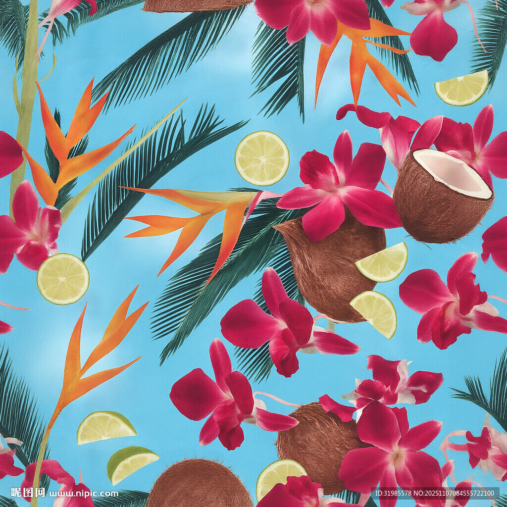 热带花卉与椰子图案背景