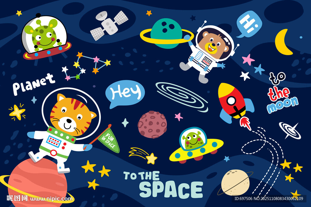 可爱动物宇航员卡通宇宙星球背景