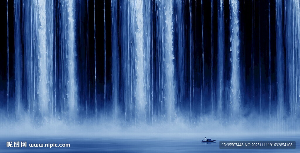 招财瀑布山水画