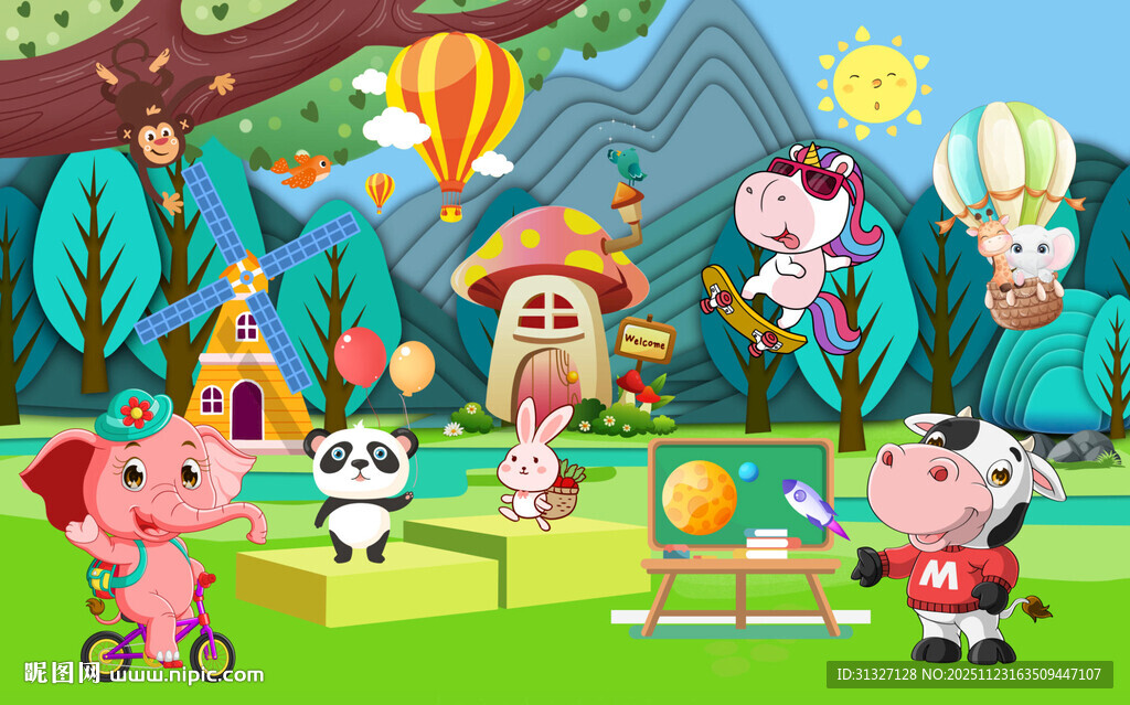 卡通动物们的欢乐背景墙