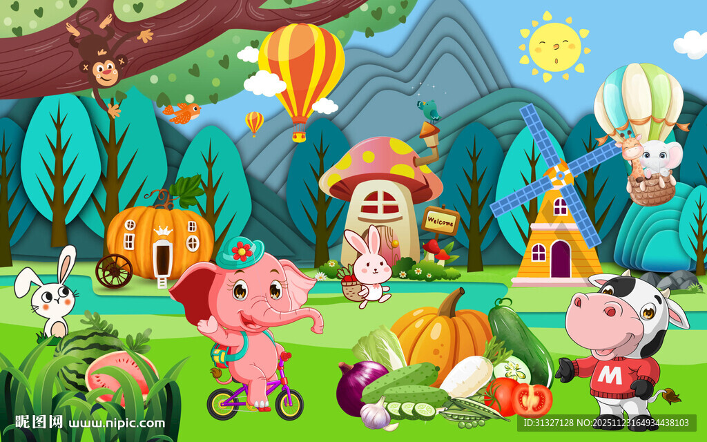 卡通水果店动物背景墙图片