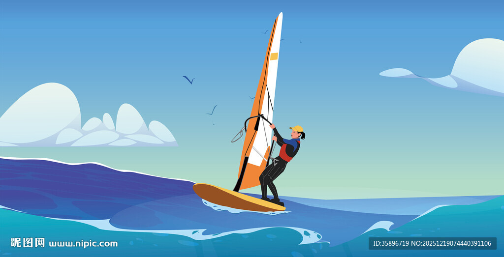 海上单人帆船帆板运动瞬间