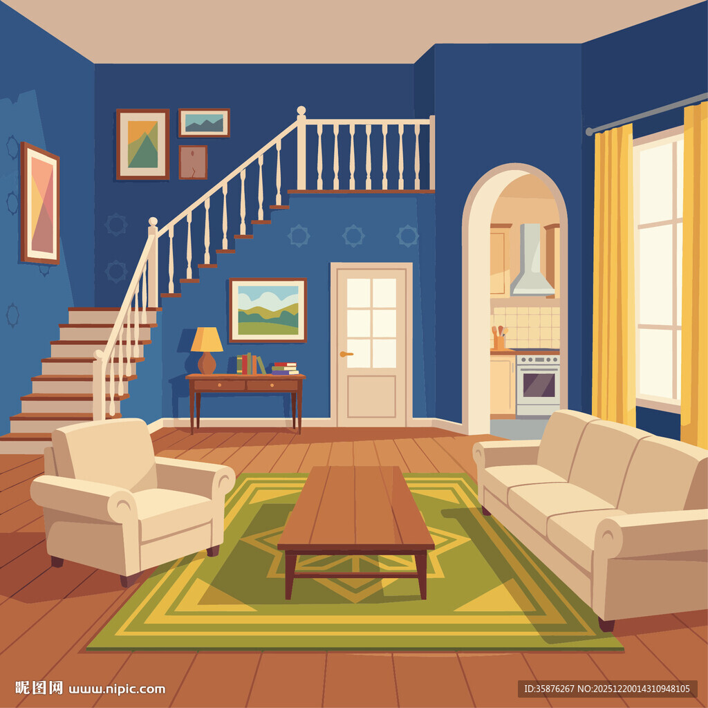 蓝色系温馨客厅室内场景