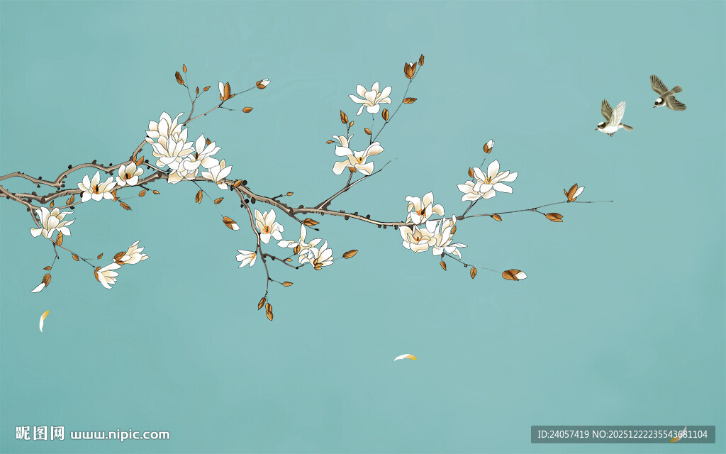 新中式工笔花鸟玉兰花背景图