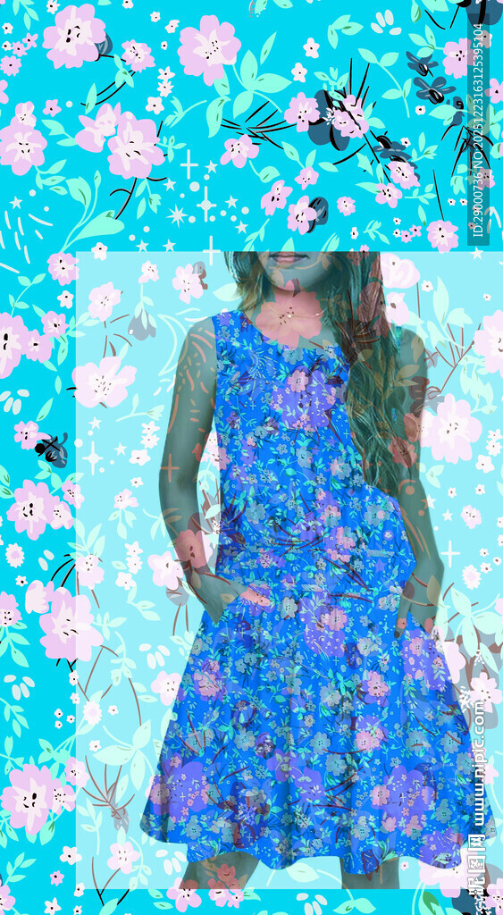 蓝色碎花裙小女孩