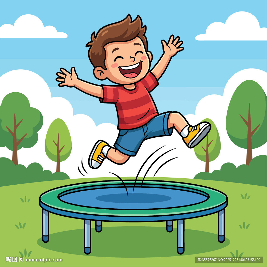 男孩跳蹦床插画