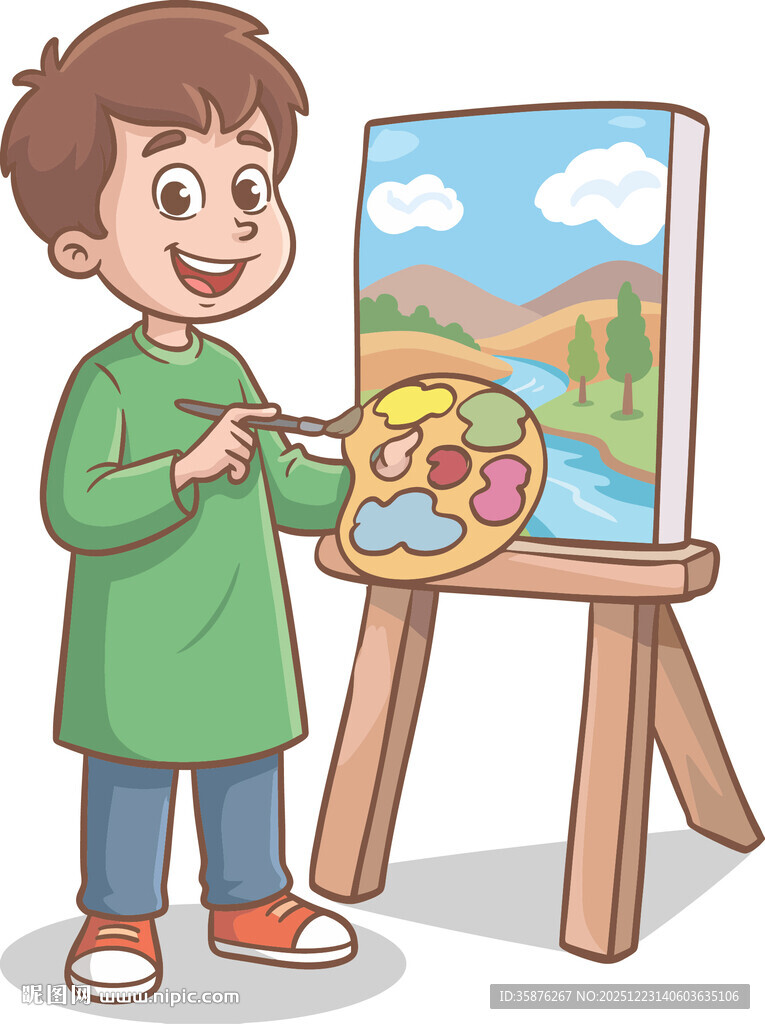 男孩在画架前画画插画
