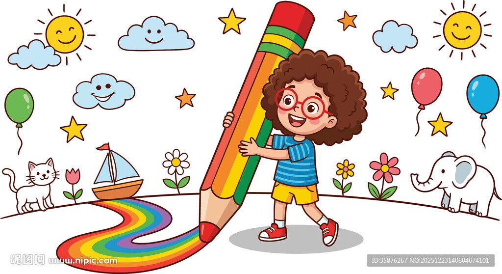 女孩抱巨大铅笔彩虹绘画