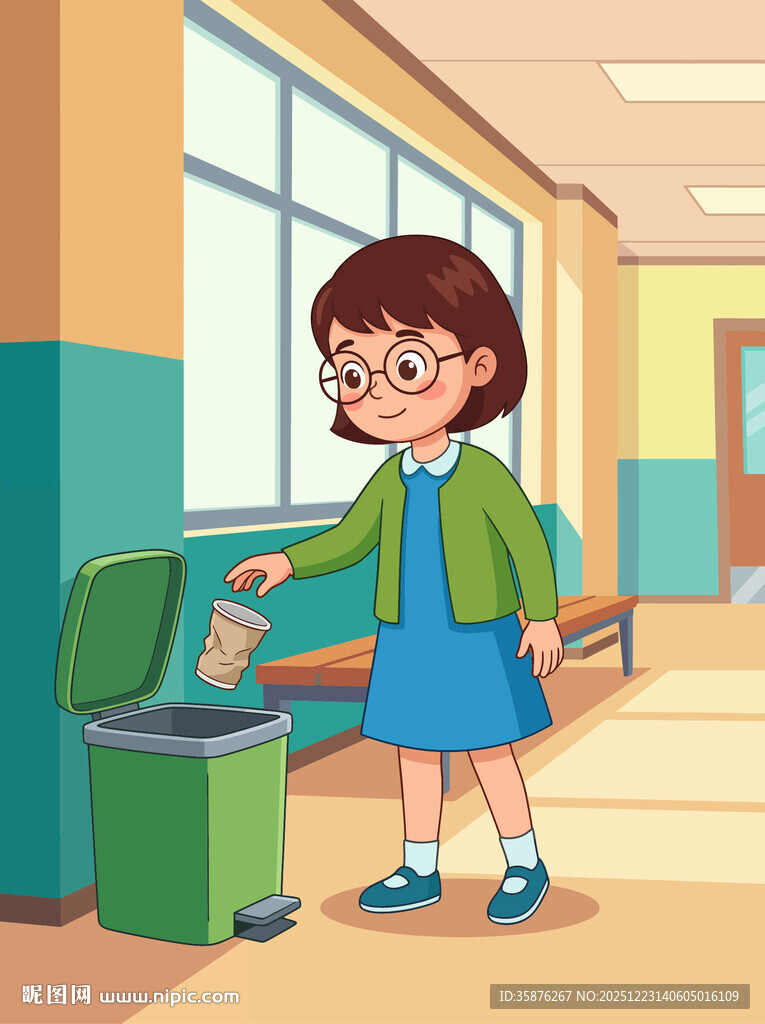女孩将废纸杯投进垃圾桶