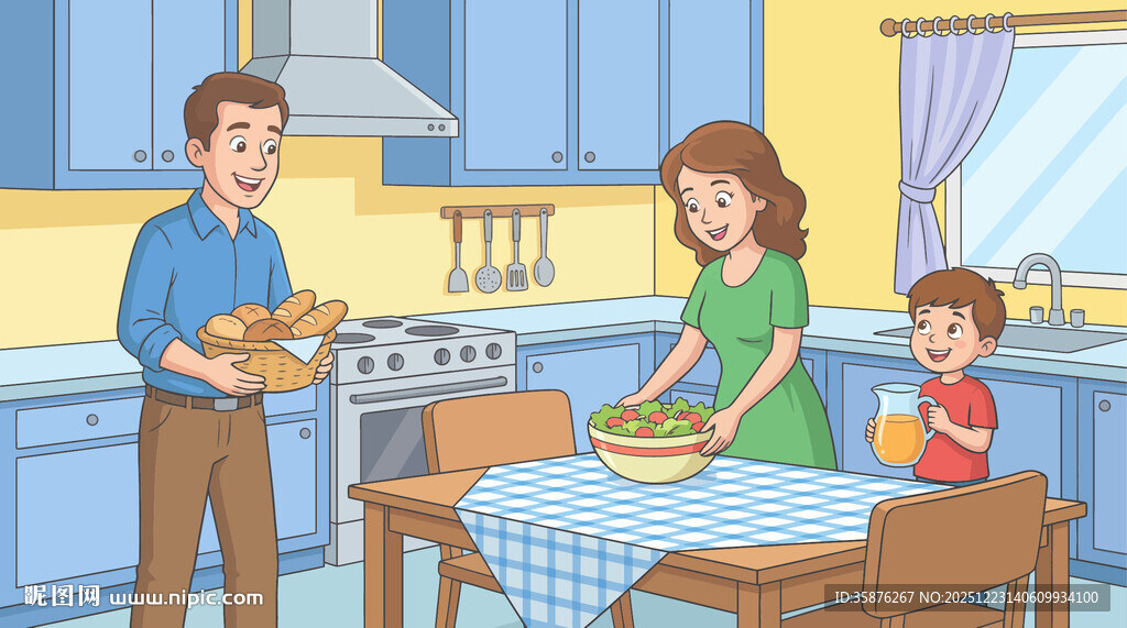 温馨家庭厨房准备晚餐插画