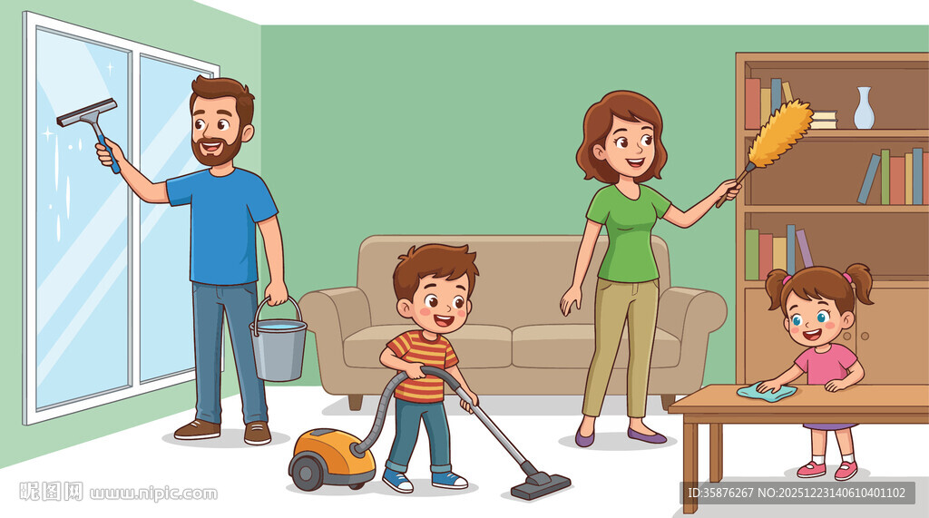 温馨家庭大扫除插画