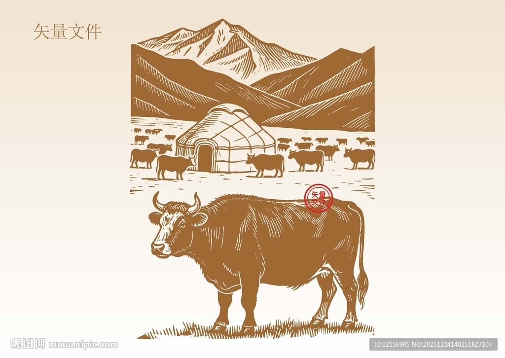 草原牛素描插画版画