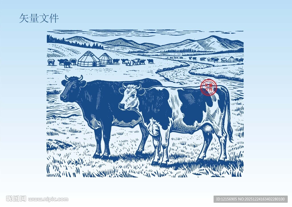 手绘奶牛牧场插画版画