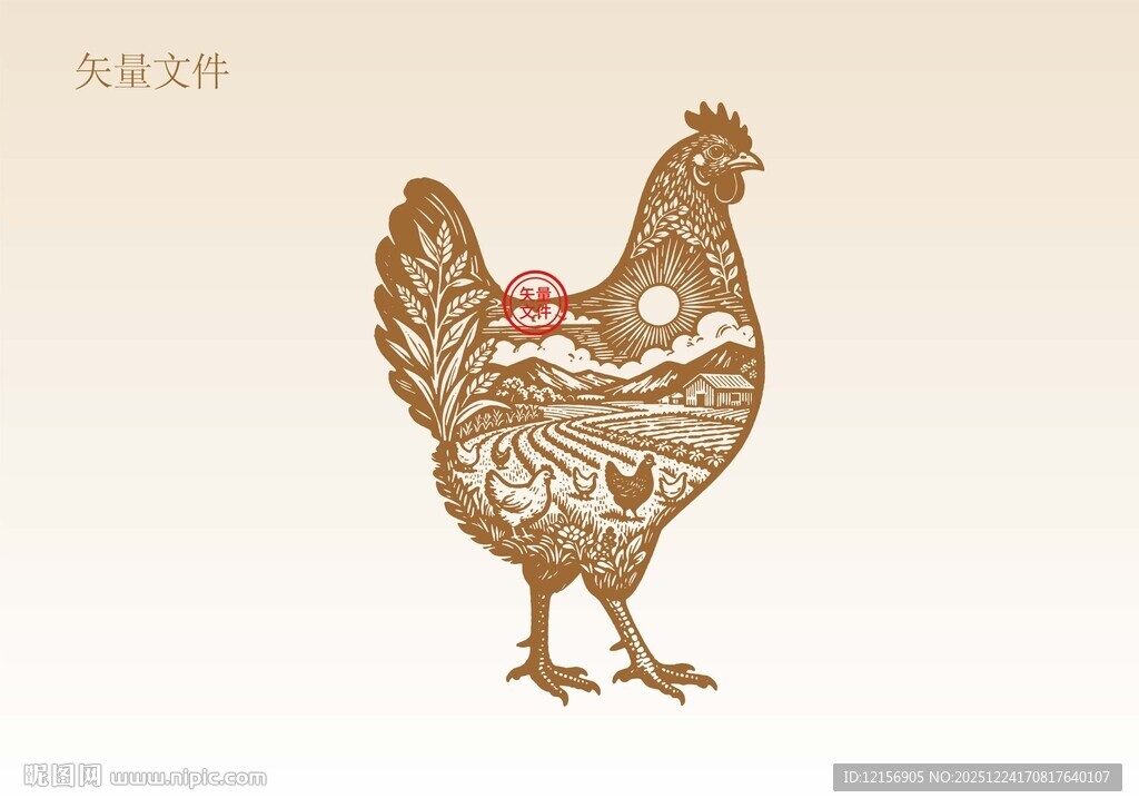 手绘鸡插画版画