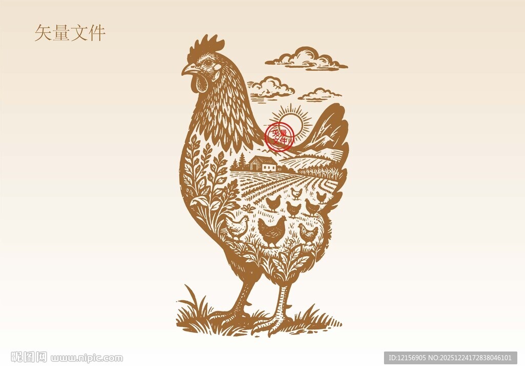 手绘鸡插画版画